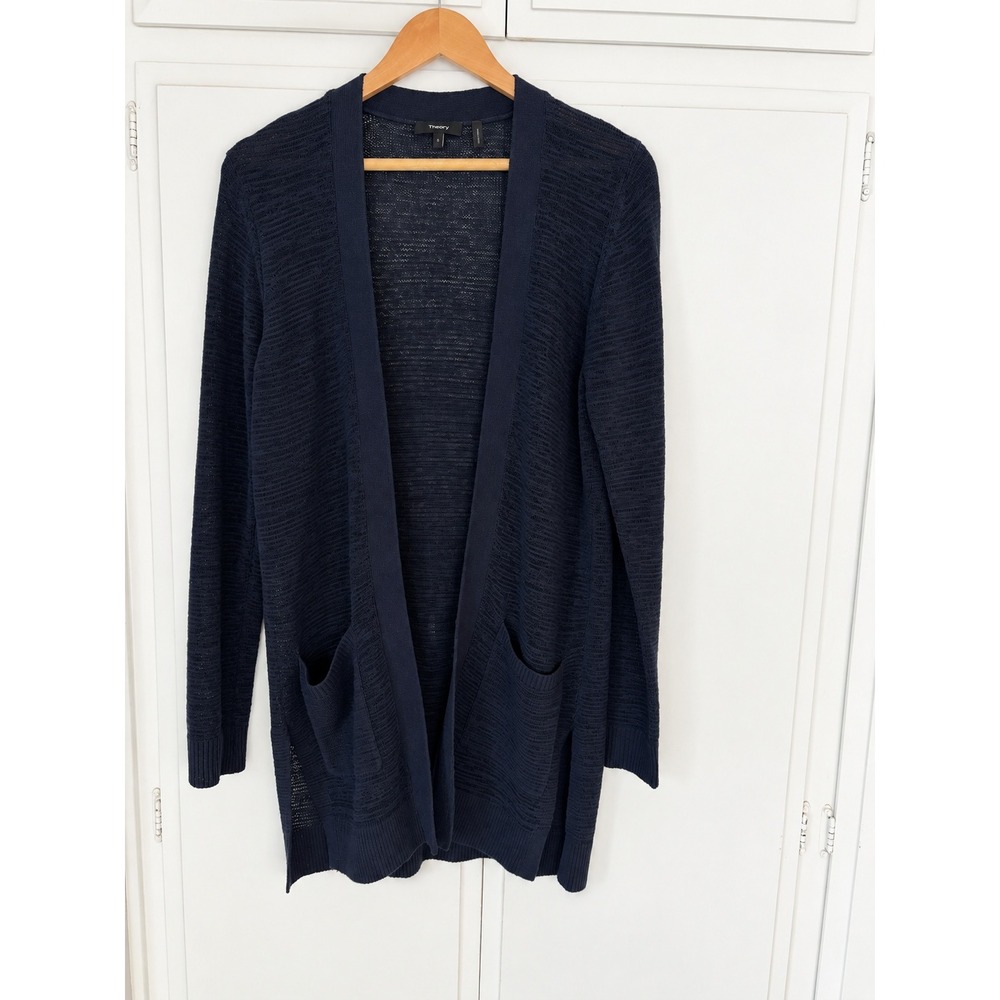 Theory Navy Blue Open Front Cardigan Sash Sweater Pockets Size S 1039704R